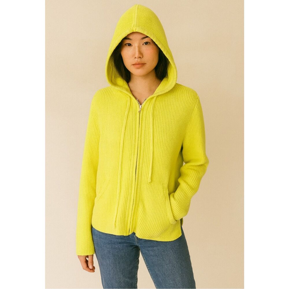 Kinross Bright Yellow 100% Cotton Ribbed Zip Up Hooded Cardigan Sweater M
